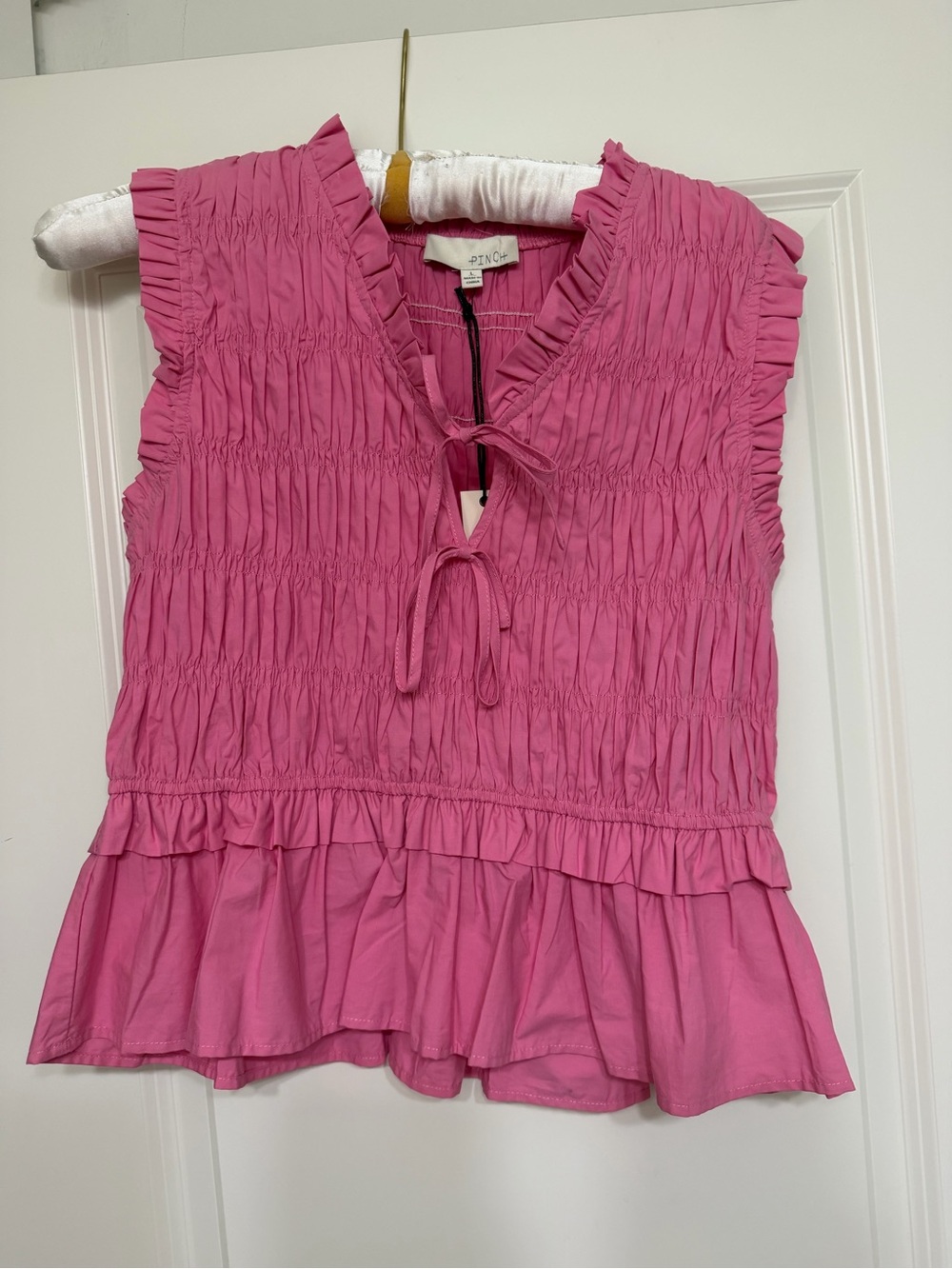 NWT Pinch Pink Smocked Ruffle Tie-Front Sleeveless Blouse